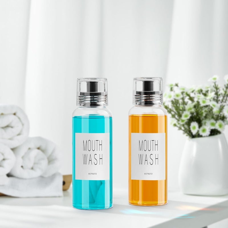 VITVITI Glass Mouthwash Dispenser for Bathroom, 10 OZ Mouth Wash Container Bottle with Lid Cup, Countertop Small Clear Refillable Mouthwash Dispensers Decanter, Set of 2 (Black) - Image 4